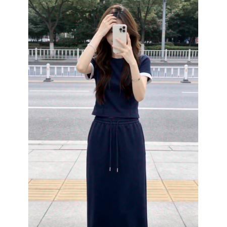 BY20967# 藏青色运动休闲短袖t恤套装裙女夏季新款超火半身裙两件套  服裝批發女裝批發服飾貨源