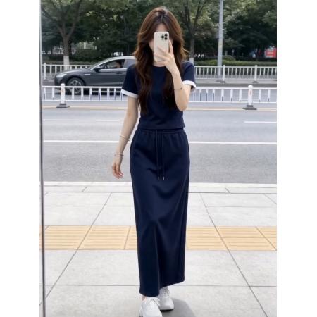 BY20967# 藏青色运动休闲短袖t恤套装裙女夏季新款超火半身裙两件套  服裝批發女裝批發服飾貨源