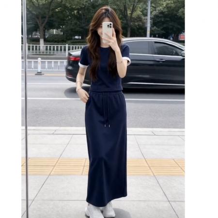 BY20967# 藏青色运动休闲短袖t恤套装裙女夏季新款超火半身裙两件套  服裝批發女裝批發服飾貨源