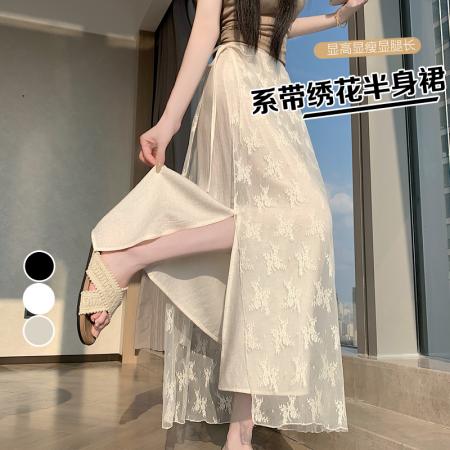 BY20970# 夏季新款棉麻+蕾丝侧开叉中长裙半身裙女  服裝批發女裝批發服飾貨源