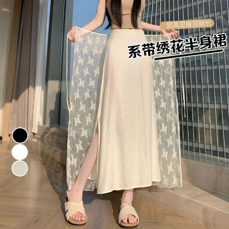 BY20970# 夏季新款棉麻+蕾丝侧开叉中长裙半身裙女  服裝批發女裝批發服飾貨源