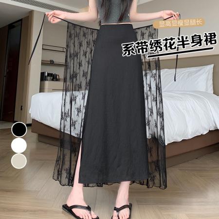 BY20970# 夏季新款棉麻+蕾丝侧开叉中长裙半身裙女  服裝批發女裝批發服飾貨源