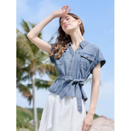 BY20974# 百图复古腰带原色牛仔衬衫女短袖夏季新款休闲风衬衣  服裝批發女裝批發服飾貨源