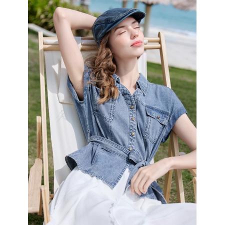 BY20974# 百图复古腰带原色牛仔衬衫女短袖夏季新款休闲风衬衣  服裝批發女裝批發服飾貨源