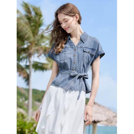 BY20974# 百图复古腰带原色牛仔衬衫女短袖夏季新款休闲风衬衣  服裝批發女裝批發服飾貨源