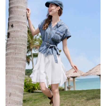 BY20974# 百图复古腰带原色牛仔衬衫女短袖夏季新款休闲风衬衣  服裝批發女裝批發服飾貨源