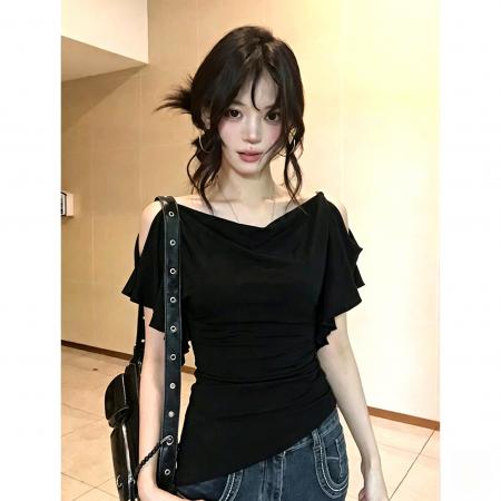 BY20975# 多巴胺绿色荡领荷叶边露肩T恤女夏季穿搭气质辣妹风收腰显瘦上衣  服裝批發女裝批發服飾貨源