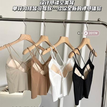 BY20977# 春夏新款双肩带交叉性感镂空美背内搭吊带背心冰丝带胸垫外穿裹胸  服裝批發女裝批發服飾貨源