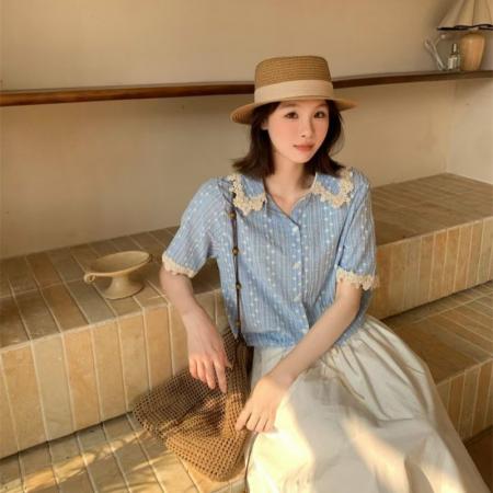 BY20984# 法式夏季新款花边绣花拼接镂空娃娃领下抽绳收腰短袖衬衣女  服裝批發女裝批發服飾貨源