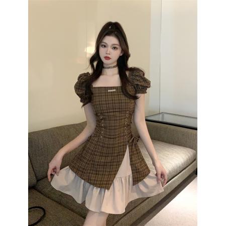 BY20987# 甜酷纯欲咖色格子修身高腰连衣裙夏新款  服裝批發女裝批發服飾貨源