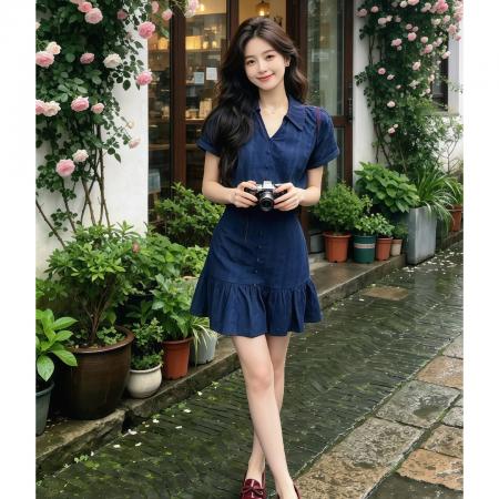 BY20992# 法式复古设计感V领短袖收腰连衣裙女新款小个子减龄包臀裙潮  服裝批發女裝批發服飾貨源