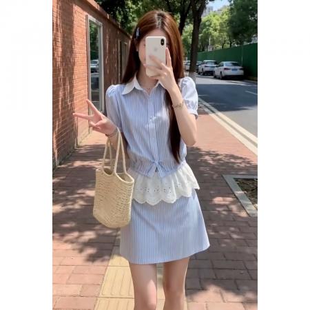 BY20997# 韩系高智感蓝白条纹衬衫连衣裙子女夏季新款小个子半身裙套装  服裝批發女裝批發服飾貨源