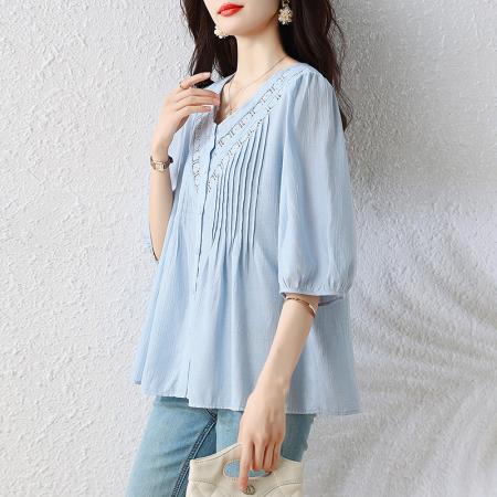 BY21000# L-5XL大码女装夏季V领压褶雪纺衫遮肉显瘦宽松短袖衬衫上衣  服裝批發女裝批發服飾貨源