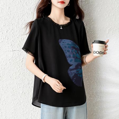 BY21002# L-5XL新款黑色圆领上衣女夏季创意设计感印花大码上衣  服裝批發女裝批發服飾貨源