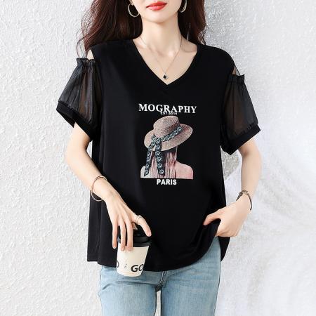 BY21003# L-5XL大码女装T恤V领网纱拼接时尚宽松胖MM显瘦遮肉胖妹妹夏季  服裝批發女裝批發服飾貨源