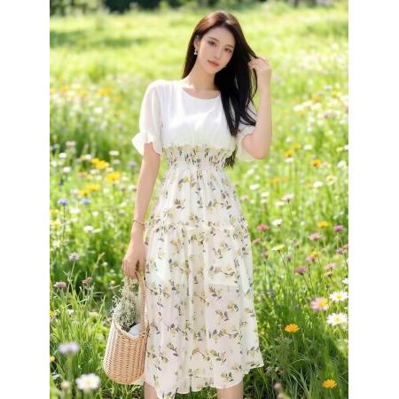 BY21007# 韩版甜美森系超仙气质雪纺连衣裙子女夏初恋桔梗法式小众设计感显  服裝批發女裝批發服飾貨源