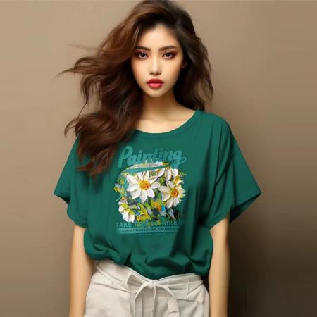 BY21008# 短袖t恤女纯棉夏季韩版新款设计感油画菊小青新大码胖mm上衣  服裝批發女裝批發服飾貨源