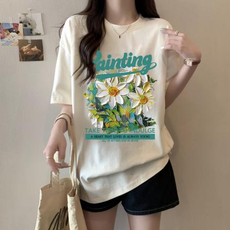 BY21008# 短袖t恤女纯棉夏季韩版新款设计感油画菊小青新大码胖mm上衣  服裝批發女裝批發服飾貨源