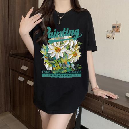 BY21008# 短袖t恤女纯棉夏季韩版新款设计感油画菊小青新大码胖mm上衣  服裝批發女裝批發服飾貨源