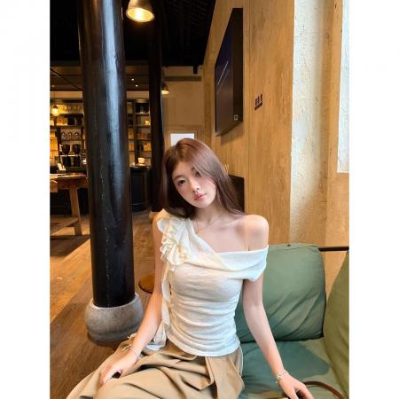 BY21009# 韩版天丝螺纹荡领飘带花朵斜肩短袖t恤女夏收腰褶皱背心上衣  服裝批發女裝批發服飾貨源