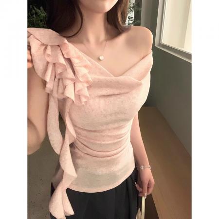 BY21009# 韩版天丝螺纹荡领飘带花朵斜肩短袖t恤女夏收腰褶皱背心上衣  服裝批發女裝批發服飾貨源