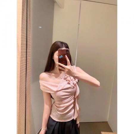 BY21009# 韩版天丝螺纹荡领飘带花朵斜肩短袖t恤女夏收腰褶皱背心上衣  服裝批發女裝批發服飾貨源