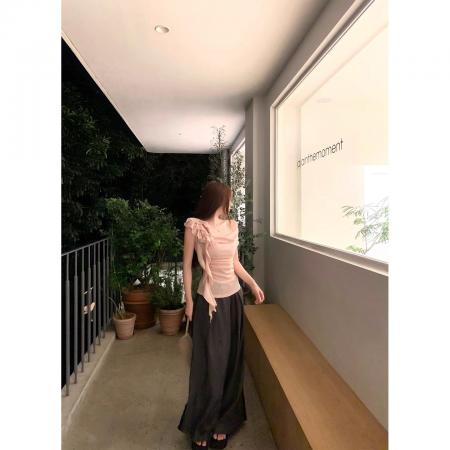 BY21009# 韩版天丝螺纹荡领飘带花朵斜肩短袖t恤女夏收腰褶皱背心上衣  服裝批發女裝批發服飾貨源