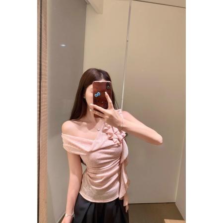 BY21009# 韩版天丝螺纹荡领飘带花朵斜肩短袖t恤女夏收腰褶皱背心上衣  服裝批發女裝批發服飾貨源