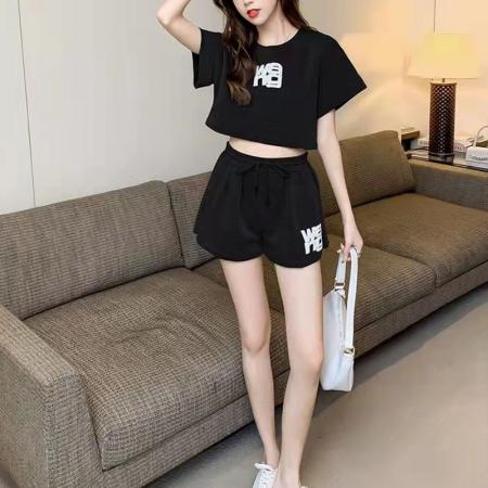 BY21012# 港风chic复古运动套装女夏季新款洋气ins潮短款t恤短裤两件套  服裝批發女裝批發服飾貨源