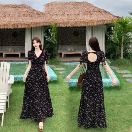 BY21016# 大码女装法式碎花显瘦连衣裙后背小心机设计感气质度假裙子  服裝批發女裝批發服飾貨源