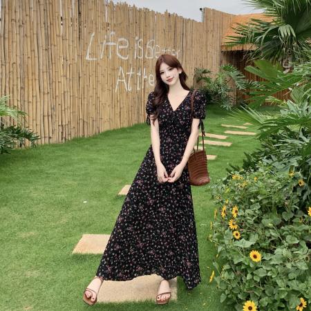 BY21016# 大码女装法式碎花显瘦连衣裙后背小心机设计感气质度假裙子  服裝批發女裝批發服飾貨源
