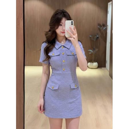 BY21018# 大码女装夏季名媛收腰气质高腰显高显瘦时尚小香风连衣裙  服裝批發女裝批發服飾貨源