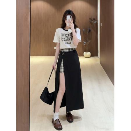 BY21019# 大码女装薄款竹节麻针织短袖显瘦假两件裙裤胖MM  服裝批發女裝批發服飾貨源