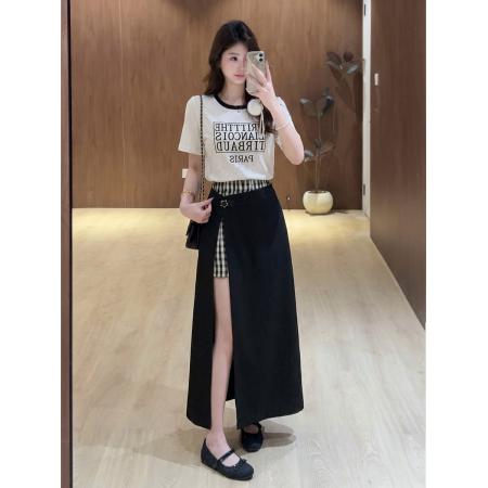 BY21019# 大码女装薄款竹节麻针织短袖显瘦假两件裙裤胖MM  服裝批發女裝批發服飾貨源