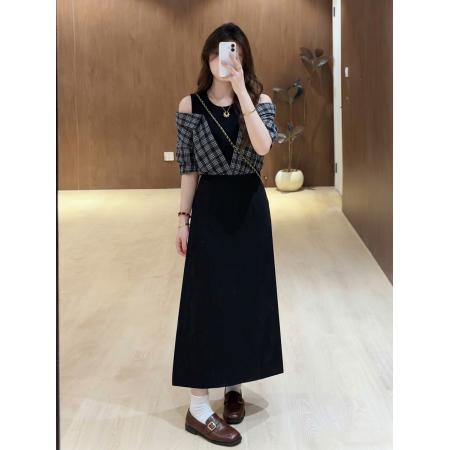 BY21020# 大码女装韩系减龄拼接格子连衣裙夏季微胖mm气质露肩裙  服裝批發女裝批發服飾貨源