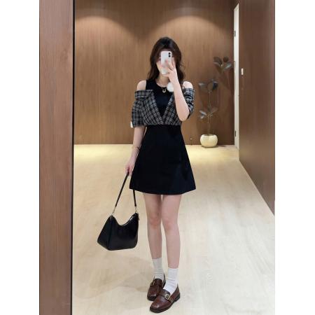 BY21020# 大码女装韩系减龄拼接格子连衣裙夏季微胖mm气质露肩裙  服裝批發女裝批發服飾貨源