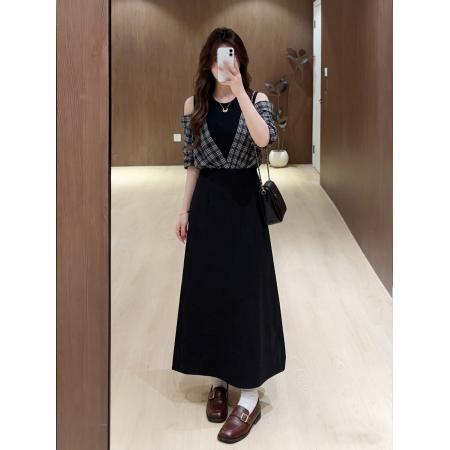 BY21020# 大码女装韩系减龄拼接格子连衣裙夏季微胖mm气质露肩裙  服裝批發女裝批發服飾貨源