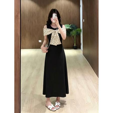 BY21021# 大码女装法式甜美风蝴蝶结连衣裙裙子女夏季收腰A字长裙  服裝批發女裝批發服飾貨源