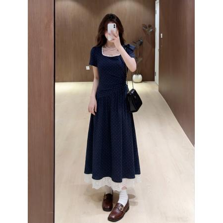BY21022# 大码女装波点法式气质修身收腰连衣裙女夏季新款长裙子  服裝批發女裝批發服飾貨源