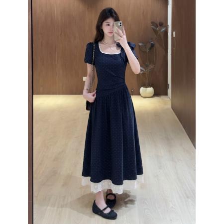 BY21022# 大码女装波点法式气质修身收腰连衣裙女夏季新款长裙子  服裝批發女裝批發服飾貨源