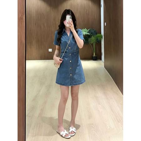 BY21023# 大码女装港风蓝色清爽褶皱翻领收腰遮肚显瘦牛仔连衣裙  服裝批發女裝批發服飾貨源