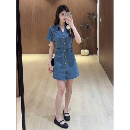BY21023# 大码女装港风蓝色清爽褶皱翻领收腰遮肚显瘦牛仔连衣裙  服裝批發女裝批發服飾貨源