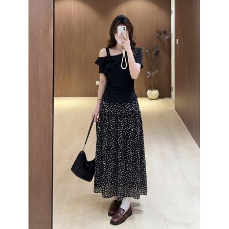 BY21024# 大码女装法式漂亮套装夏季胖mm露肩荷叶边短袖碎花半裙  服裝批發女裝批發服飾貨源