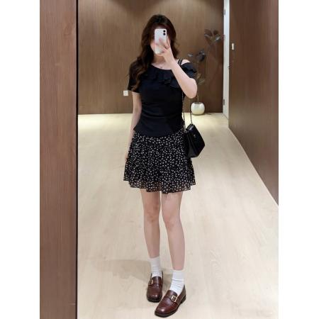 BY21024# 大码女装法式漂亮套装夏季胖mm露肩荷叶边短袖碎花半裙  服裝批發女裝批發服飾貨源