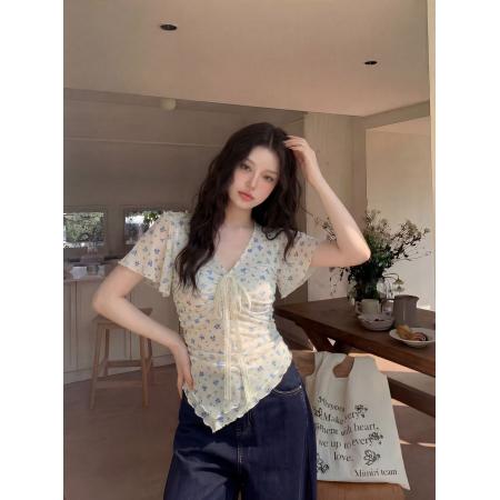 BY21027# S-4XL甜辣风碎花蕾丝系带短袖T恤设计感不规则下摆显瘦  服裝批發女裝批發服飾貨源
