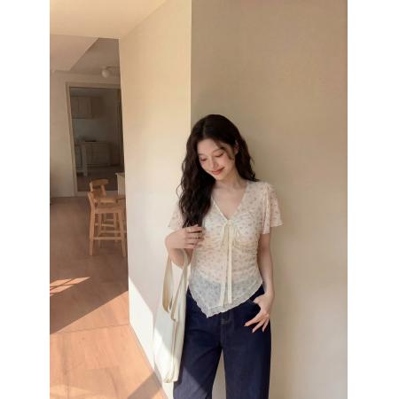 BY21027# S-4XL甜辣风碎花蕾丝系带短袖T恤设计感不规则下摆显瘦  服裝批發女裝批發服飾貨源