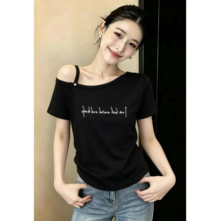 BY21038# 夏季新款韩版时尚洋气设计感斜肩露肩显瘦气质短袖T恤上衣潮 服裝批發女裝批發服飾貨源