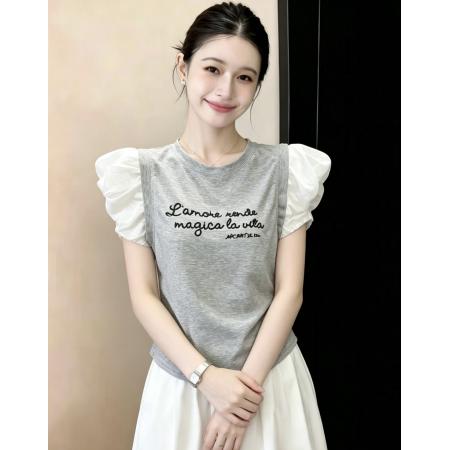BY21039# 花苞袖字母绣花短袖T恤欧洲站夏装新款女装洋气上衣 服裝批發女裝批發服飾貨源