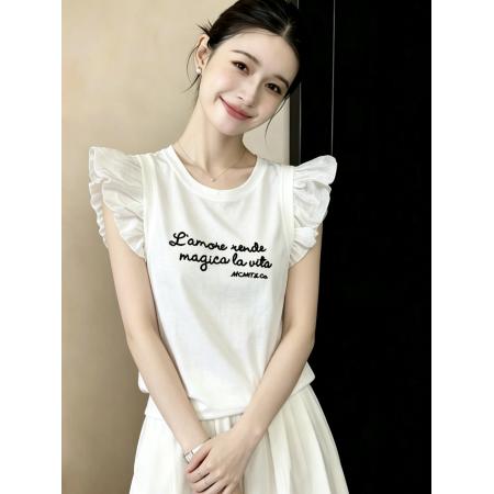 BY21039# 花苞袖字母绣花短袖T恤欧洲站夏装新款女装洋气上衣 服裝批發女裝批發服飾貨源