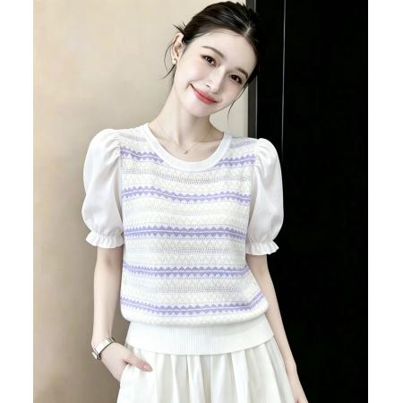 BY21042# 冰丝针织短袖t恤女装夏装泡泡袖宽松百搭条纹上衣 服裝批發女裝批發服飾貨源